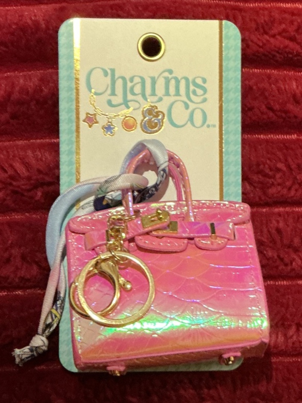 Charms & Co. Iridescent Pink Croc Mini Bag Charm with Gold Hardware